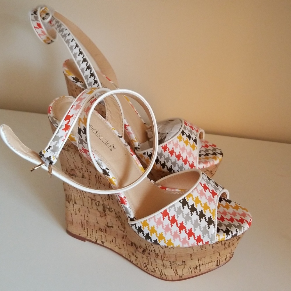 White with fun print wedge peep-toe espadrilles